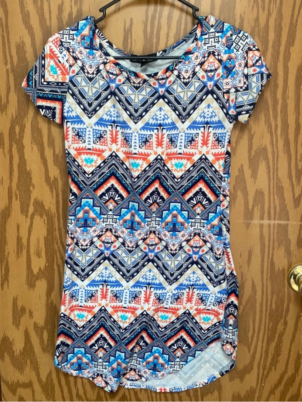 Derek Heart Short Sleeve Geometric Romper - Blue, red and orange